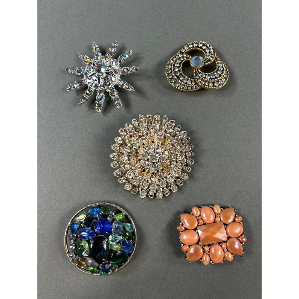Vintage Costume Jewelry Brooch Lot 5pc Rhinestone Sunburst Floral Cabochon Pins